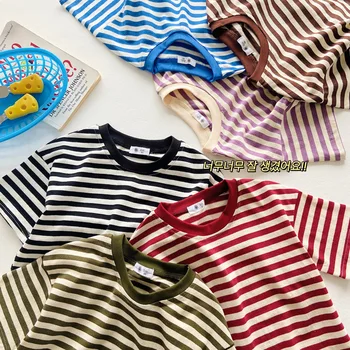 Детская одежда, летние футболки в полоску с короткими рукавами для мальчиков и девочек, футболки