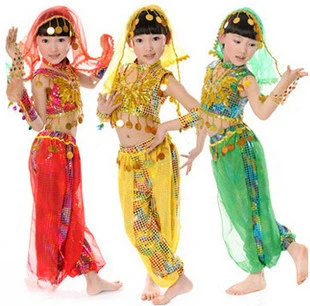 Детский праздничный Индийский танцевальный костюм, этническая одежда для выступлений, одежда для живота для девочек, Китайское классическое Синьцзянское танцевальное платье
