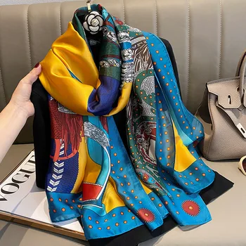 Модные шарфы для женщин в подарок, Роскошная модель, Солнцезащитная Бандана 2023, Популярный шелковый шарф размером 180Х90 см, Дизайн в стиле пары, Летние шали