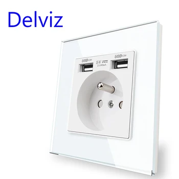 Стандартная розетка Delviz France, панель из закаленного стекла, Двойной интерфейс зарядки безопасности usb 5V 2100mA, Настенная розетка USB 16A