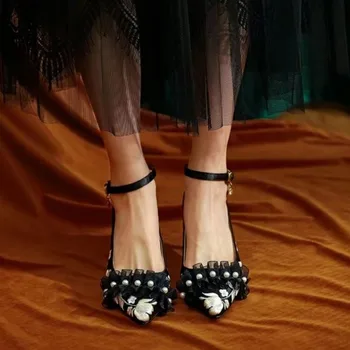 2023 бренда Женская обувь до лодыжки обернуть женские высокие каблуки насосы женщин ретро вечеринка вышивка строка, шарик пряжка ремень Женская обувь