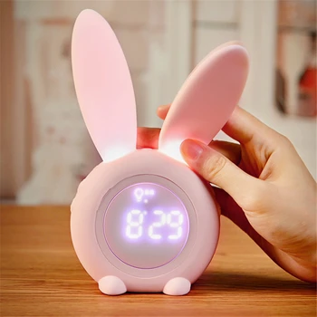Детский будильник с милым кроликом, детские часы с управлением звуком, с ночным освещением, музыкальное голосовое управление, часы для повтора сна для девочек
