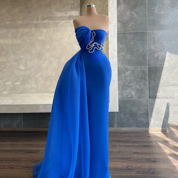 Тонкие вечерние платья для выпускного вечера в стиле русалки, Голубое Атласное ночное платье без бретелек, платья для коктейлей в Саудовской Аравии Нестандартного размера