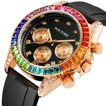 PINTIME h Полный Бриллиантовый Боковой Безель Хип-Хоп Красочный Хронограф Силиконовые Часы Мужские Часы Мужские Наручные Часы Роскошные Мужские Кварцевые Часы
