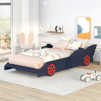 Кровать в форме гоночного автомобиля, двуспальная кровать на платформе с колесиками, прочными рейками, привлекательный дизайн, кровать в виде гоночного автомобиля подходит для детской спальни