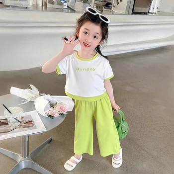 Летний комплект брюк для девочек, Корейская Модная Хлопковая футболка с коротким рукавом и круглым вырезом + Повседневные Свободные Широкие брюки, Комплект из двух предметов
