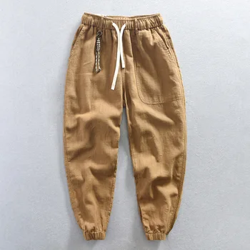 Мужские хлопчатобумажные льняные брюки Летние однотонные дышащие льняные брюки Мужские повседневные брюки для фитнеса с эластичной талией Уличная одежда