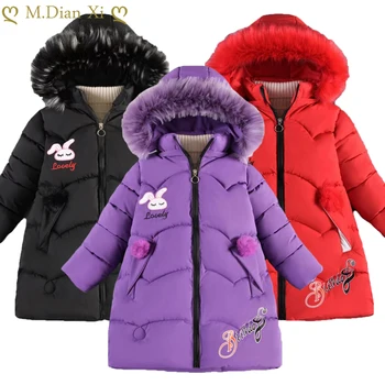Зимняя теплая куртка для девочек нового стиля 2023 года, съемная шапка с рисунком мультяшного кролика, толстое пальто с капюшоном и меховым воротником.
