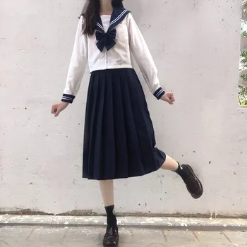 Японская школьница, униформа JK, женские блузки с бантом Kawaii, Плиссированные короткие юбки, милые матросские костюмы для девочек, униформа для темно-синих костюмов