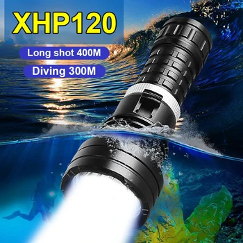 Супер яркий 400-метровый фонарик для дайвинга XHP120 LED Профессиональный фонарь для дайвинга Мощный водонепроницаемый подводный фонарь IP8 Походная лампа