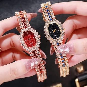 Новые роскошные женские часы с бриллиантами, женские часы-браслет, квадратный горный хрусталь, женские наручные часы со звездным небом, модные часы