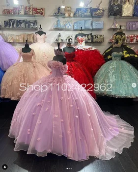 Пышные платья принцессы из розового тюля с открытыми плечами, корсет с 3D цветочной шнуровкой, Vestidos de 15 quinceañeras charros