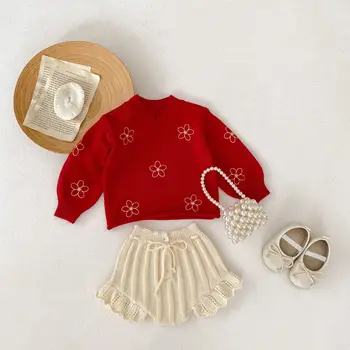 2023 Осенний комплект одежды для маленьких девочек из 2 предметов, хлопковый свитер с цветочной вышивкой и длинными рукавами, Однотонный брючный костюм для маленьких девочек