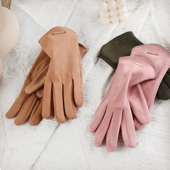 Женские осенне-зимние теплые перчатки с сенсорным экраном из тонкого кашемира, Однотонные Простые Перчатки из замшевой ткани для велоспорта, Элегантные Ветрозащитные
