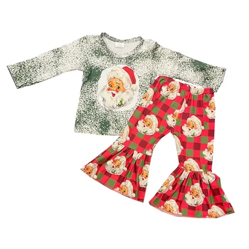 Новый дизайн, Рождественское платье для девочек из молочного шелка, ткань с рисунком Санта-Клауса, расклешенные брюки с длинным рукавом, комплект из 2 предметов
