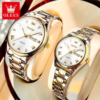 OLEVS 5563 Кварцевые парные часы для мужчин и женщин, роскошные водонепроницаемые наручные часы со светящейся неделей, часы с календарем из нержавеющей стали