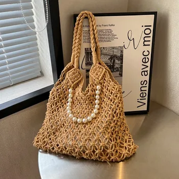 Летняя сумка из полой сетки, модная повседневная женская сумка с жемчужным украшением, пляжная сумка из хлопчатобумажной веревки ручной работы для отпуска