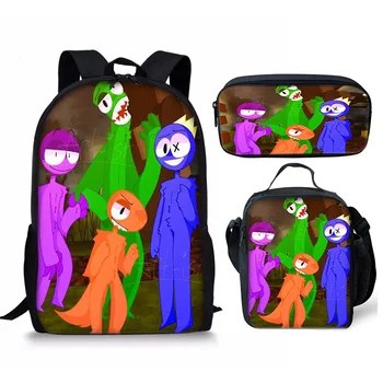 Harajuku Новинка Rainbow Friends 3 шт./компл. Рюкзак с 3D принтом для школьников, сумка для книг, Аниме Рюкзак для ноутбука, сумка для ланча, пенал