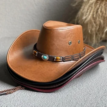 Новые ковбойские шляпы в стиле вестерн из искусственной кожи для женщин, мужчин, винтажных шляп для джентльменов, Панама, Джазовая кепка для пастушки, Сомбреро