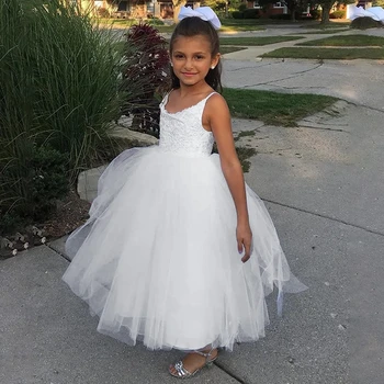 Белое кружевное детское платье с цветочным узором для девочек, тюлевые аппликации, длина принцессы в пол для свадебной вечеринки, платье для крещения, первого причастия