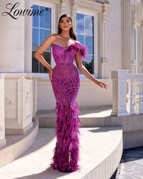 Фиолетовое вечернее платье с перьями, прозрачные вечерние платья 2023, Изготовленные на заказ русалки, арабские платья для выпускного вечера, праздничные платья, женские халаты