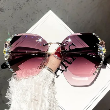 Модные Квадратные солнцезащитные очки с бриллиантами для женщин, Роскошный дизайнерский бренд, Винтажные солнцезащитные очки без оправы, Женские очки Оптом