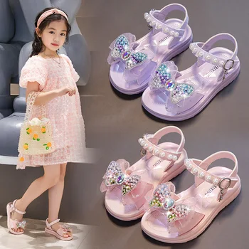 Летние дышащие сандалии на мягкой подошве для девочек, модные туфли с бантиком для учащихся начальной школы, легкие туфли принцессы для маленьких девочек