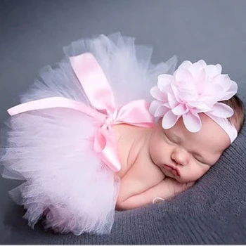 Новорожденные Девочки Шифоновый Цветок Розовая Лента для волос + Новая Розовая Юбка-пузырь Младенец Малыш Милый Реквизит для Фотосъемки