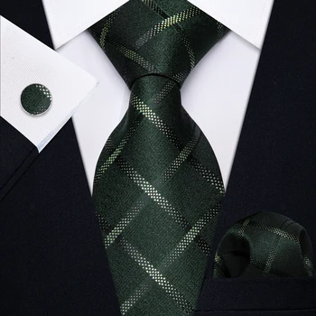 Классический мужской роскошный деловой галстук, аксессуары для смокинга, модный шелковый зеленый галстук в клетку, носовой платок, Набор запонок для мужской вечеринки