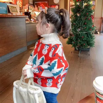 Детский свитер для девочек 2023 года выпуска, новый осенне-зимний утепленный пуловер, теплый свитер с высоким воротом, детский рождественский вязаный топ