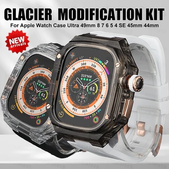 Комплект модификации Glacier Для Apple Watch 8 Ultra 49 мм Прозрачный Чехол и ремешок Для iWatch 8 7 6 5 Se 4 44 мм 45 мм Резиновый ремешок