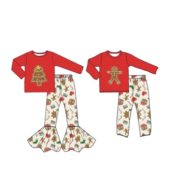 Рождественская одежда для братьев и сестер Молочная шелковая ткань с милым рисунком пряничного печенья Расклешенные брюки с длинным рукавом 2 шт.