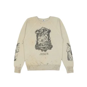 японский свитер с принтом Святого Михаила, с принтом Иисуса, в стиле ретро, уличный рок, свободная толстовка цвета слоновой кости, белый повседневный модный свитер