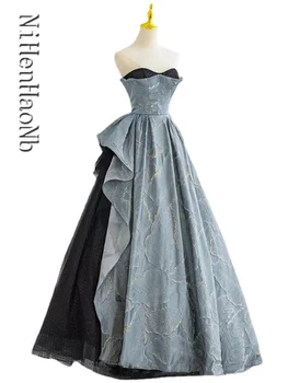 Пыльно-голубые золотые листья, черный тюль, элегантные платья, винтажное пышное платье для выпускного вечера, вечернее платье для вечеринки