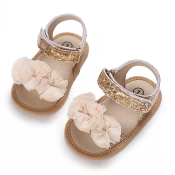 Детские сандалии, летняя обувь для первых прогулок, модная детская обувь с цветочным украшением в виде блесток, мягкая подошва, повседневные предходки для новорожденных