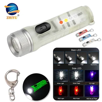 Мини-брелок, светодиодный фонарик, перезаряжаемый через USB, Многофункциональный Портативный Магнитный фонарик, Водонепроницаемый фонарь для кемпинга с предупреждением об ультрафиолетовом излучении.