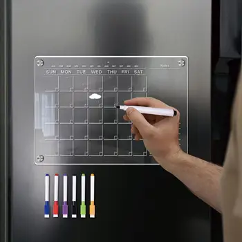 Магнитный календарь на месяц с маркерами, устойчивый к царапинам Многоразовый планировщик для холодильника, Календарь сухого стирания, Прозрачная доска