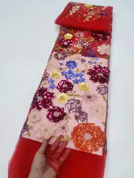 КРАСНАЯ роскошная 3D кружевная ткань 5 Ярдов Дубайской тюлевой кружевной ткани ручной работы, вышитой бисером, Вышитой Аппликацией, Африканской ткани, швейного материала