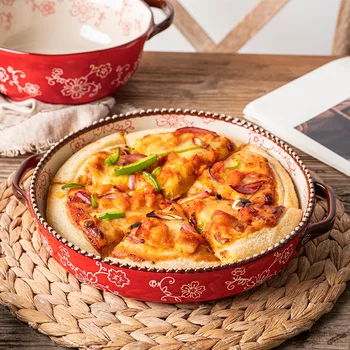Керамическая посуда ручной росписи Cherry Blossom, Миска для риса, запеченного с сыром, Специальная тарелка для пиццы в духовке, керамическая тарелка