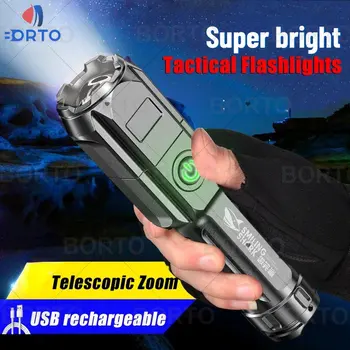 Портативный фонарик С сильным светом, мощный USB-аккумуляторный зум, подсветка, тактический фонарик, наружное освещение, светодиодные фонари