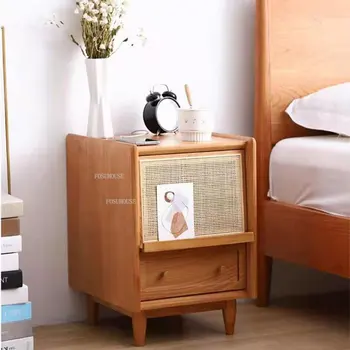 Прикроватные тумбочки из массива дерева и ротанга в японском стиле, бытовая прикроватная тумбочка, мебель для спальни в стиле ретро, небольшой шкаф для хранения в скандинавском стиле
