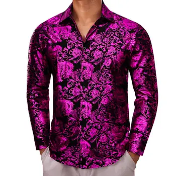 Дизайнерские рубашки для мужчин, шелковые, с длинным рукавом, красные, фиолетовые, черные, в цветочек, приталенные мужские блузки, повседневные топы, дышащие Barry Wang