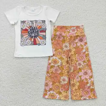 GSPO0700, Одежда для детского бутика, топ с короткими рукавами и расклешенные брюки, комплект из 2 предметов, одежда для маленьких девочек