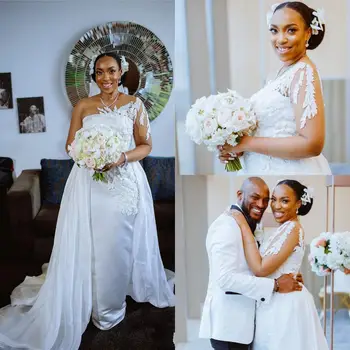 Свадебные платья Русалки в Африканском стиле на одно плечо Со съемным шлейфом, Свадебное платье с кружевной аппликацией большого размера и длинными рукавами.