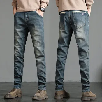 Модные мужские джинсы 2023 года в стиле Ретро, прямые, стрейчевые, облегающие брюки, уличные мужские Весенне-осенние повседневные джинсовые брюки Нового поступления D68