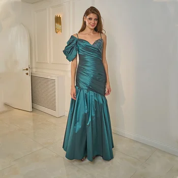 Женское потрясающее плиссированное атласное платье для выпускного вечера с рукавами на одно плечо, красивое расшитое бисером вечернее платье 