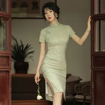 2023 Зеленое Свежее женское Традиционное винтажное платье Чонсам с коротким рукавом, костюмы для шоу, Тонкая вышивка, халат Ципао, Chinoise Femme