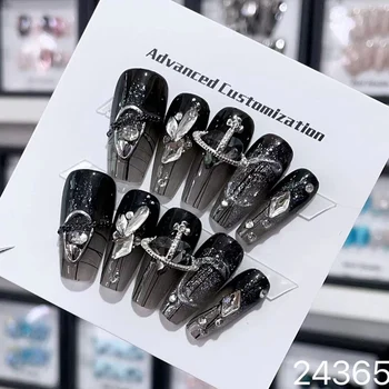 Черная печать на ногтях ручной работы Y2k Роскошный дизайн в стиле панк Многоразовый клей Накладные ногти Французский Длинный Гроб Акриловый искусственный маникюр