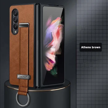Тонкий кожаный чехол для Samsung Galaxy Z Fold 5 4 3 2 с браслетом, ремешком для рук, подставкой, металлическим кольцом, защитной крышкой для объектива камеры