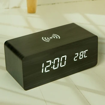 Креативное украшение Электронные часы Беспроводная зарядка мобильного телефона Деревянные часы светодиодные цифровые часы Функция управления звуком